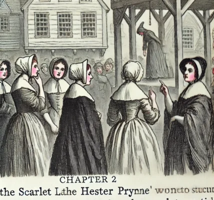 Dall·e 2024 09 22 21.03.45 An Illustration Of A Scene From Chapter 2 Of The Scarlet Letter, Showing A Group Of Puritan Women Standing Together In A Colonial Setting, Discussing