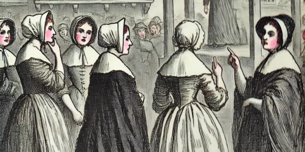 Dall·e 2024 09 22 21.03.45 An Illustration Of A Scene From Chapter 2 Of The Scarlet Letter, Showing A Group Of Puritan Women Standing Together In A Colonial Setting, Discussing