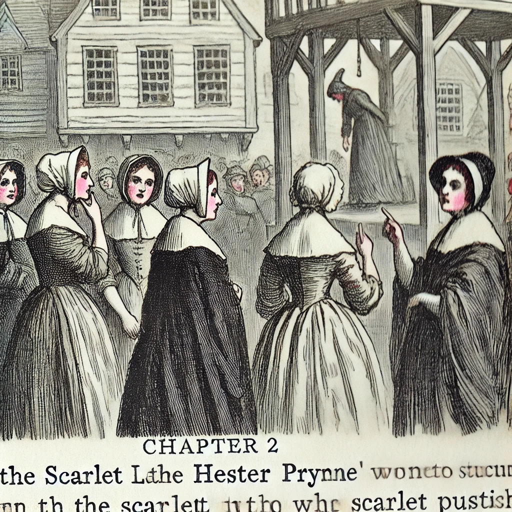 Dall·e 2024 09 22 21.03.45 An Illustration Of A Scene From Chapter 2 Of The Scarlet Letter, Showing A Group Of Puritan Women Standing Together In A Colonial Setting, Discussing